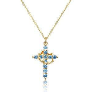 Women M12 Zircon Blue, Dec 14K Gold Plated Crown Cross Necklace - Non-Tarnish